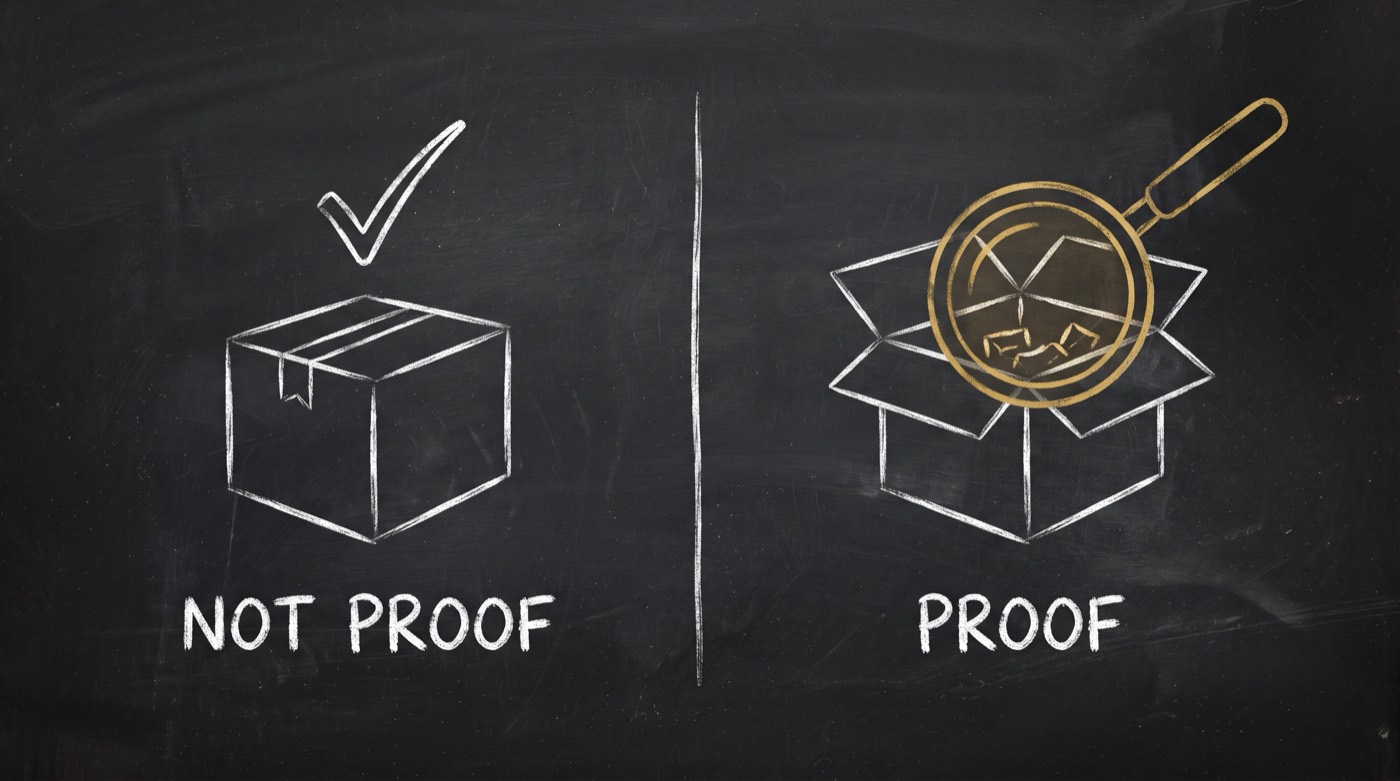 Chalkboard sketch, two halves. Left: a sealed white package box with a large tick floating above it, labelled NOT PROOF. Right: the same box opened with its flaps folded back and a gold magnifying glass held over the contents, labelled PROOF.