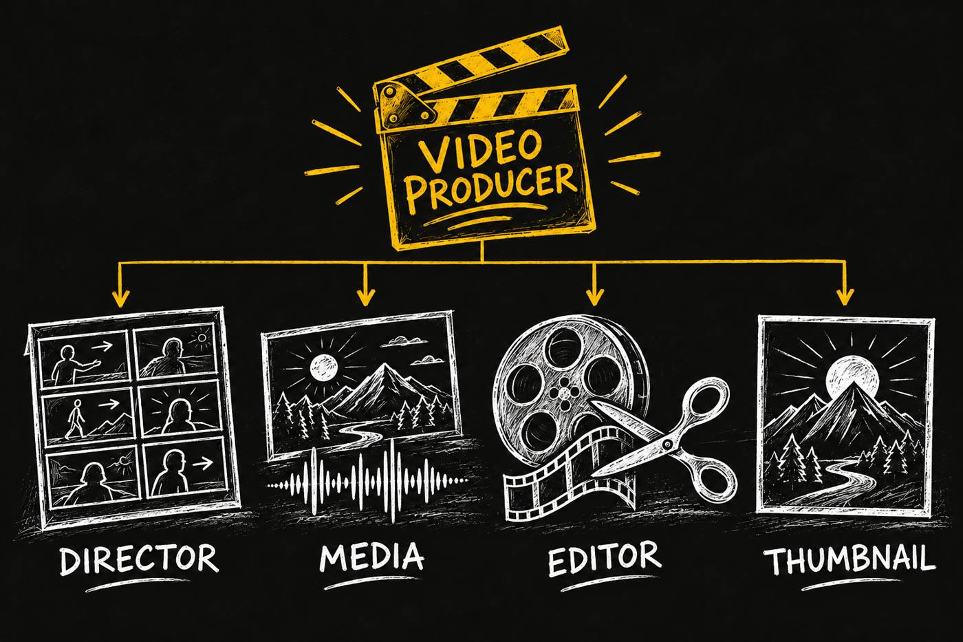 Video Producer coordinates director, media, editor and thumbnail skills.