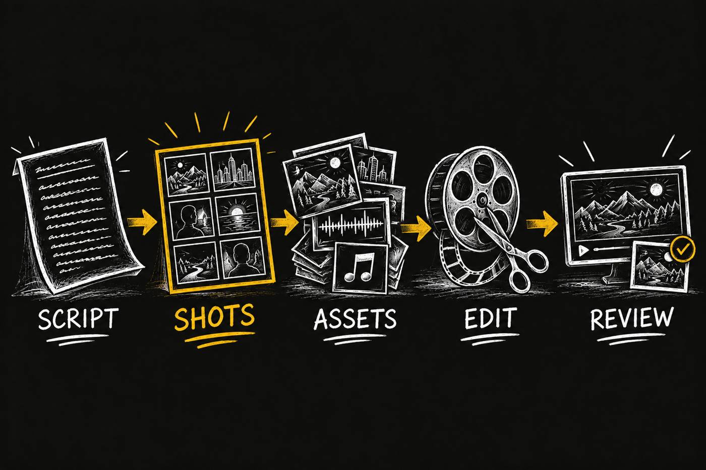 Five production steps: script, shots, assets, edit and review.