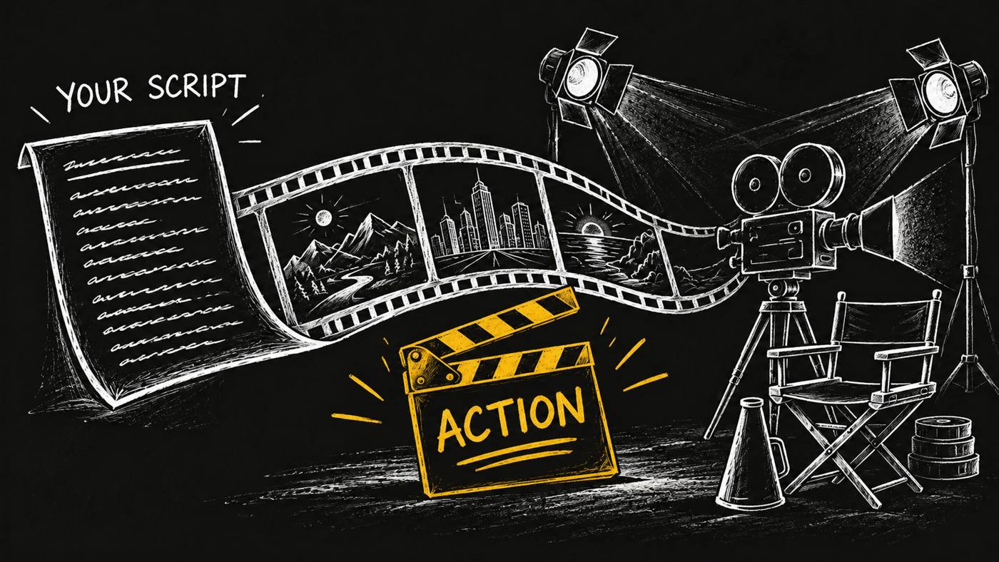 A script unfolds into a film strip beside a camera and gold ACTION clapperboard.