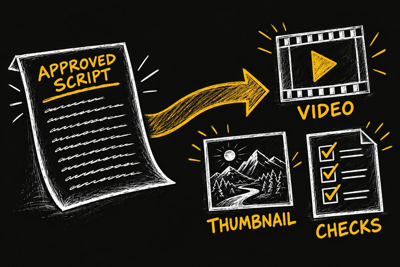 An approved script becomes a video, thumbnail and check report.