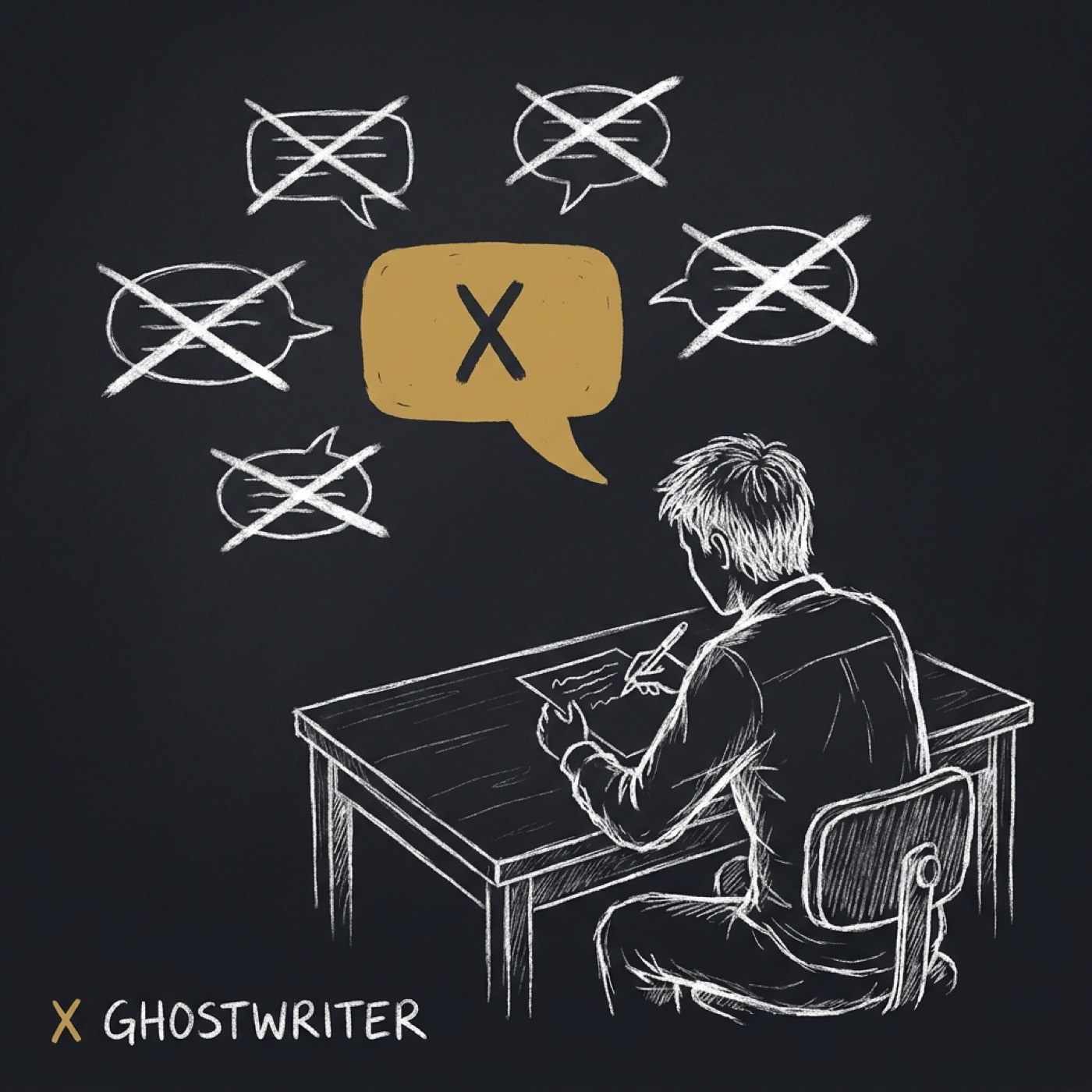 Chalkboard sketch: a writer at a desk beneath one gold speech bubble marked X, with the surrounding speech bubbles crossed out. Hand-lettered label: X GHOSTWRITER.