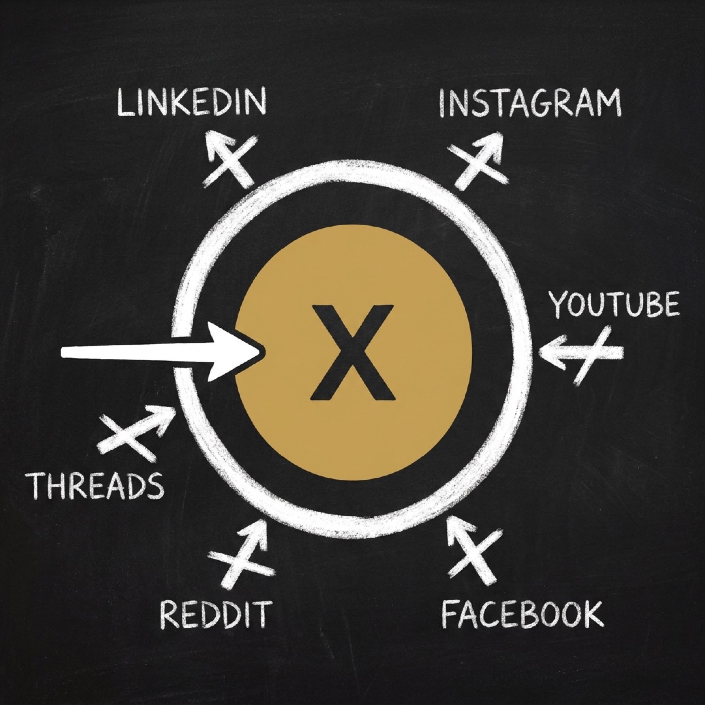 Chalkboard diagram: one gold circle marked X accepts a single arrow, while LinkedIn, Instagram, YouTube, Facebook, Reddit and Threads are each struck through at the boundary.