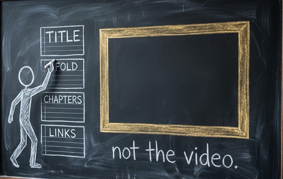 Chalkboard sketch: a chalk figure writes onto four ruled boxes labelled TITLE, FOLD, CHAPTERS and LINKS, beside an empty gold-outlined rectangle with the words not the video beneath it.