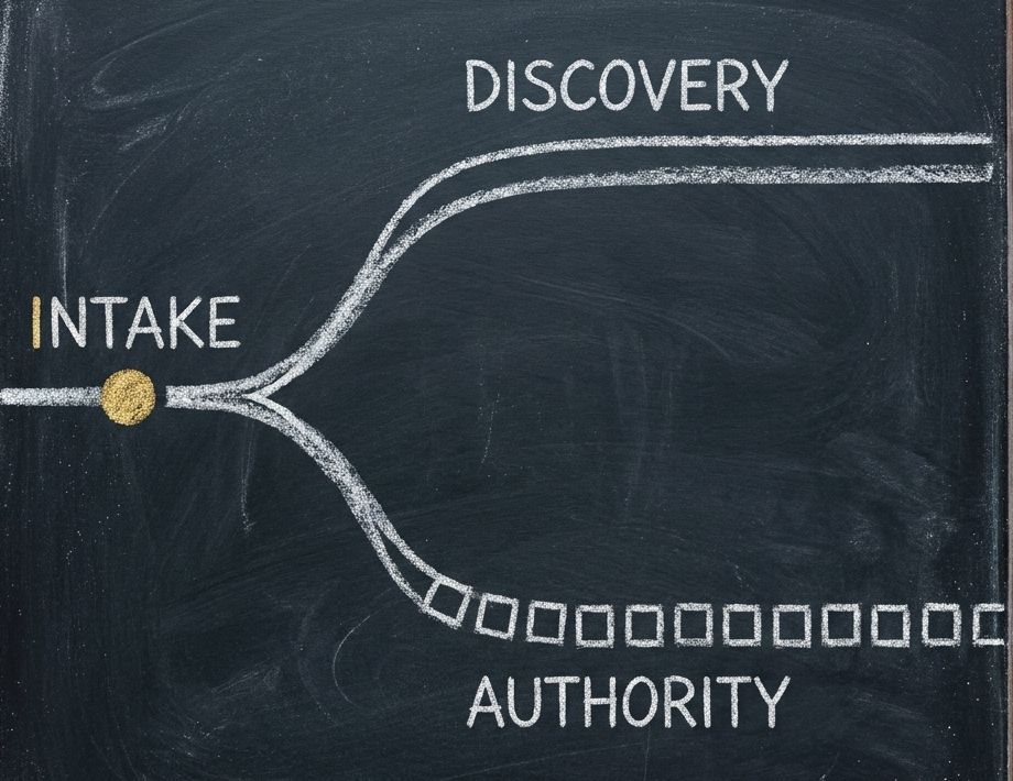 Chalkboard sketch: a chalk path enters at a gold dot labelled INTAKE and forks into two branches that never rejoin, DISCOVERY above and AUTHORITY below, with a row of small upload squares along the lower branch.