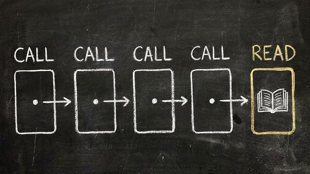 Chalkboard sketch: five cards in a row. The left four are labelled CALL and each has a short arrow leaving to a dot. The fifth, outlined in gold and labelled READ, has no arrow and carries an open book.