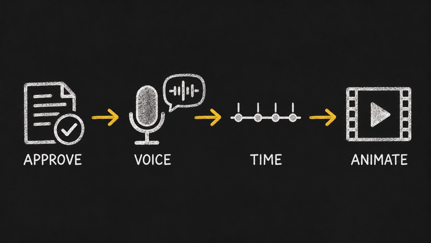 Approve the script, record the voice, time the beats, then animate.