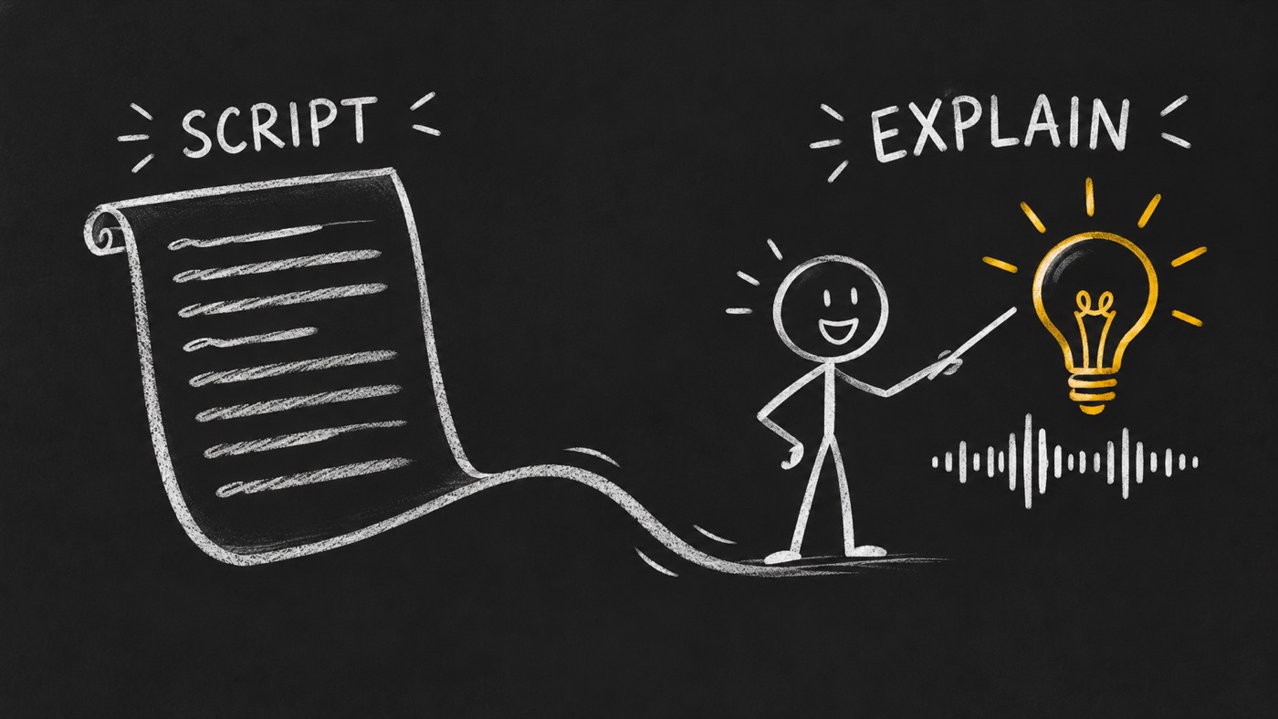 A script page becomes a chalkboard explanation with a teacher, idea and speech waveform.