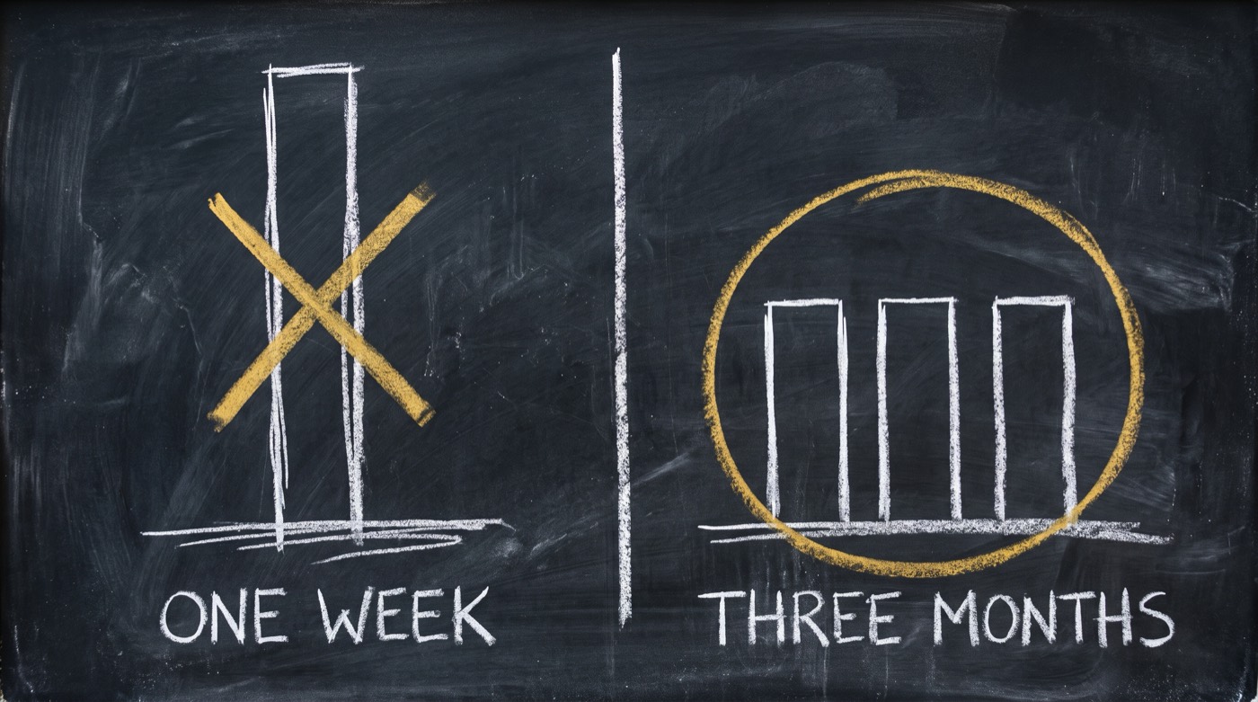 Chalkboard diagram: on the left one very tall thin chalk bar struck through with a gold X under the label ONE WEEK; on the right three equal chalk bars enclosed in a gold circle under the label THREE MONTHS.