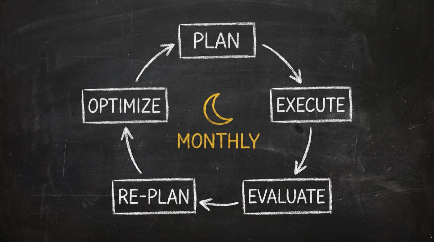 Chalkboard diagram: five chalk boxes in a ring labelled PLAN, EXECUTE, EVALUATE, RE-PLAN and OPTIMIZE joined by clockwise arrows, with a gold crescent moon and the word MONTHLY in the centre.