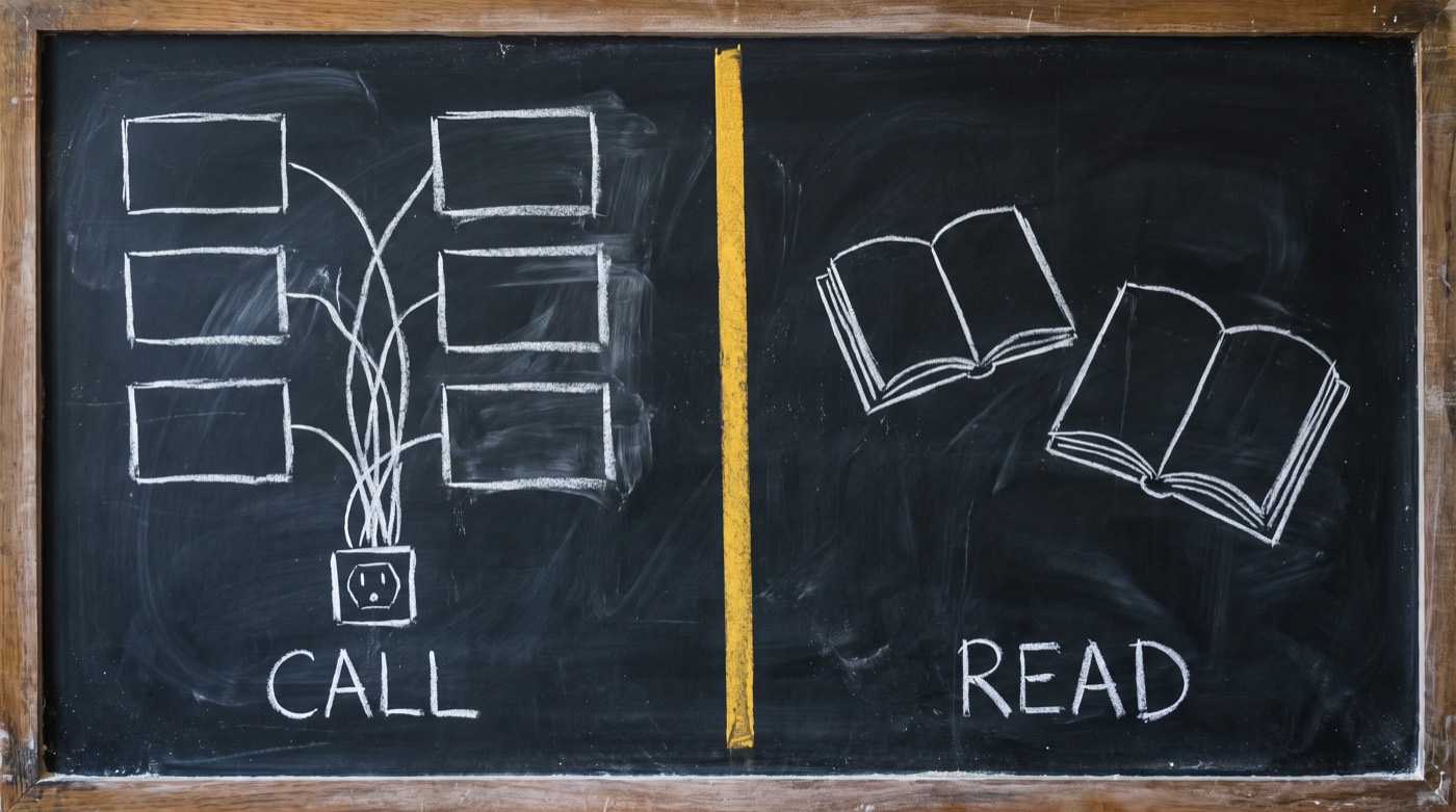 Chalkboard diagram: on the left six chalk boxes each wired by a cable down into a single socket under the label CALL; on the right two open chalk books with no cables under the label READ; a vertical gold chalk line divides them.