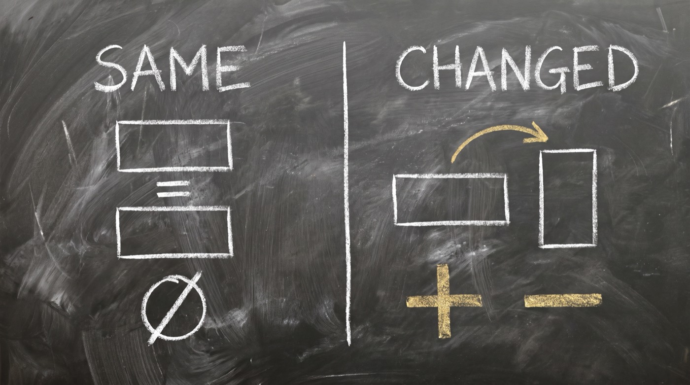 Two cases contrasted on a chalkboard. On the left, two identical blocks with an equals sign and a null symbol beneath. On the right, two different blocks with a gold arrow and a gold plus and minus.