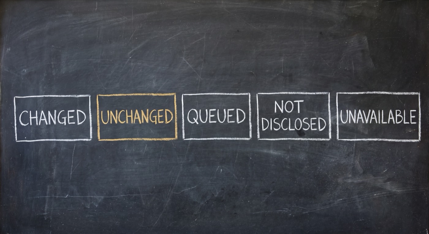 Five chalk boxes in a row reading CHANGED, UNCHANGED, QUEUED, NOT DISCLOSED, UNAVAILABLE. The UNCHANGED box is outlined in gold.