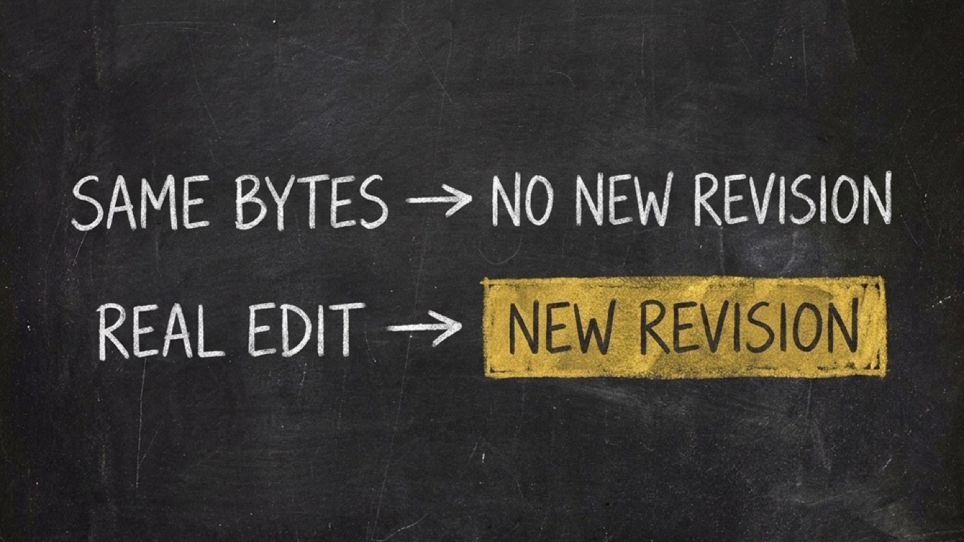 A dark chalkboard showing two rows. The top row reads SAME BYTES with an arrow pointing to NO NEW REVISION. The bottom row reads REAL EDIT with an arrow pointing to NEW REVISION inside a solid gold box.