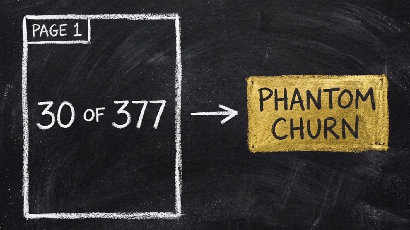A dark chalkboard showing a small box labelled PAGE 1 nested inside a much larger box labelled 30 OF 377, with an arrow pointing right to a gold box reading PHANTOM CHURN.