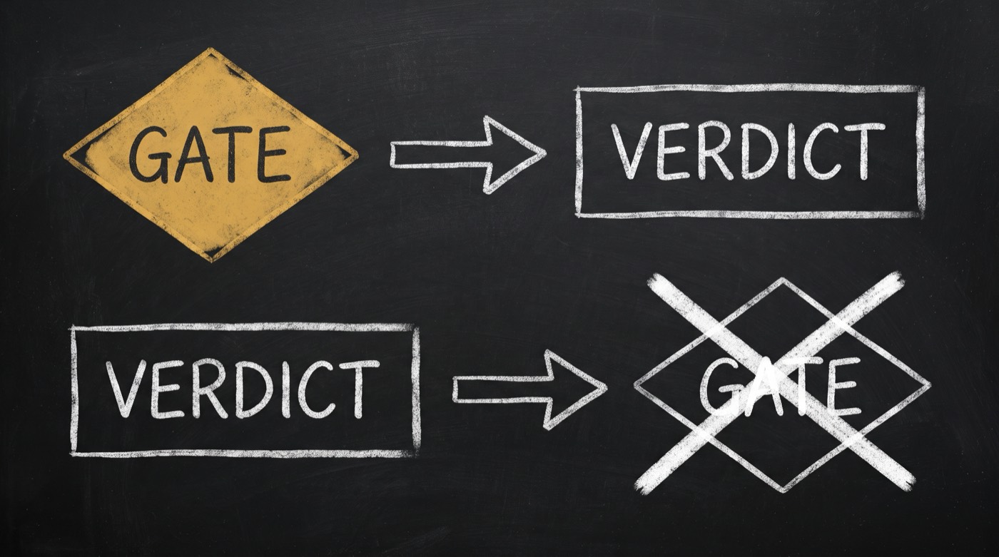 Chalkboard diagram: on top a gold diamond labelled GATE feeds into a rectangle labelled VERDICT; below, a rectangle labelled VERDICT feeds into a plain diamond labelled GATE and is crossed out.