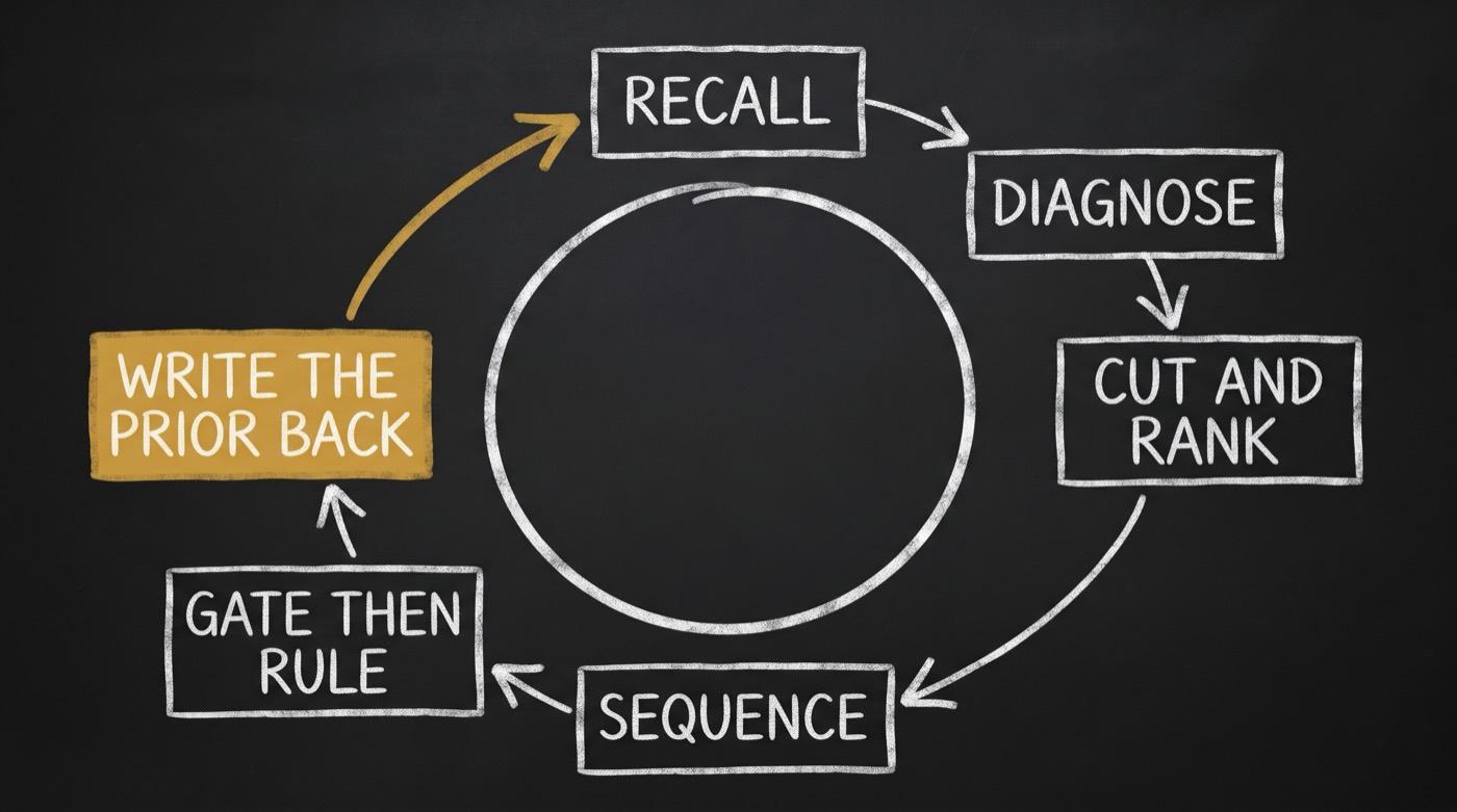 Chalkboard diagram: six boxes in a clockwise ring labelled RECALL, DIAGNOSE, CUT AND RANK, SEQUENCE, GATE THEN RULE and WRITE THE PRIOR BACK, with the last box filled gold and a gold arrow feeding back into RECALL.