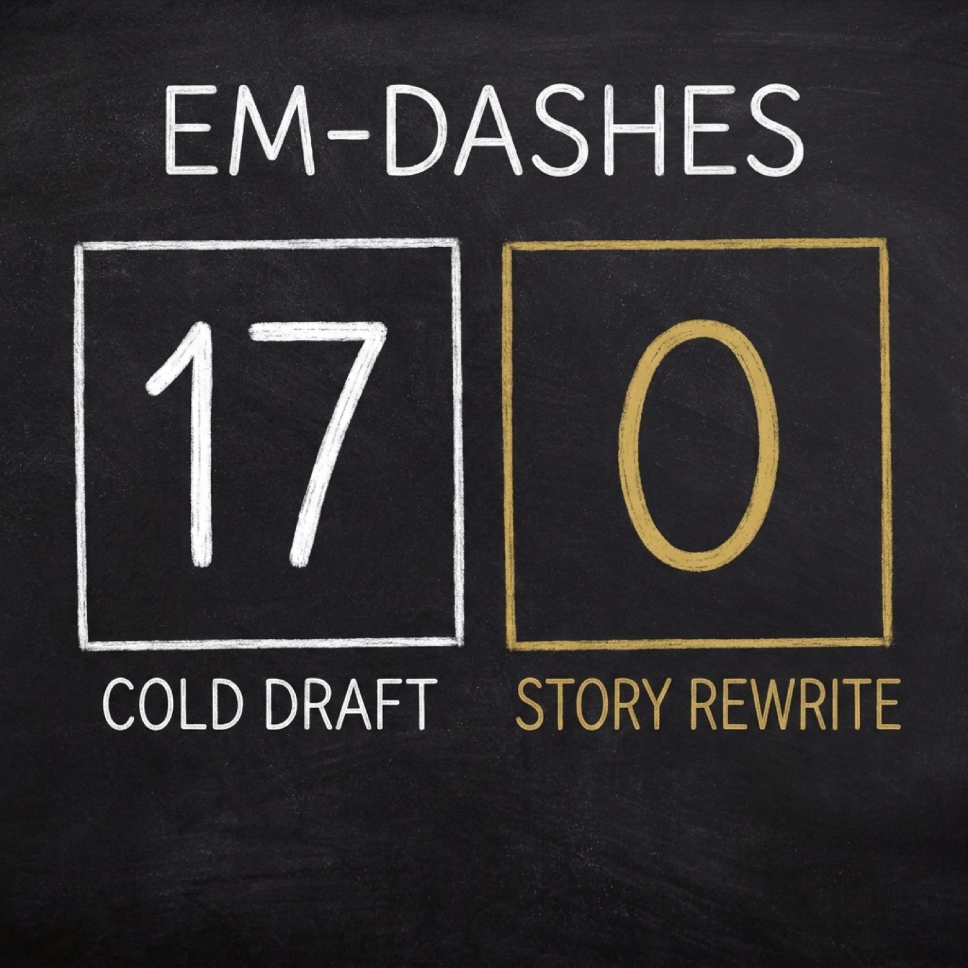 Two chalk squares on a blackboard. Left, in white: 17, labelled COLD DRAFT. Right, in gold: 0, labelled STORY REWRITE. Above both, the word EM-DASHES.