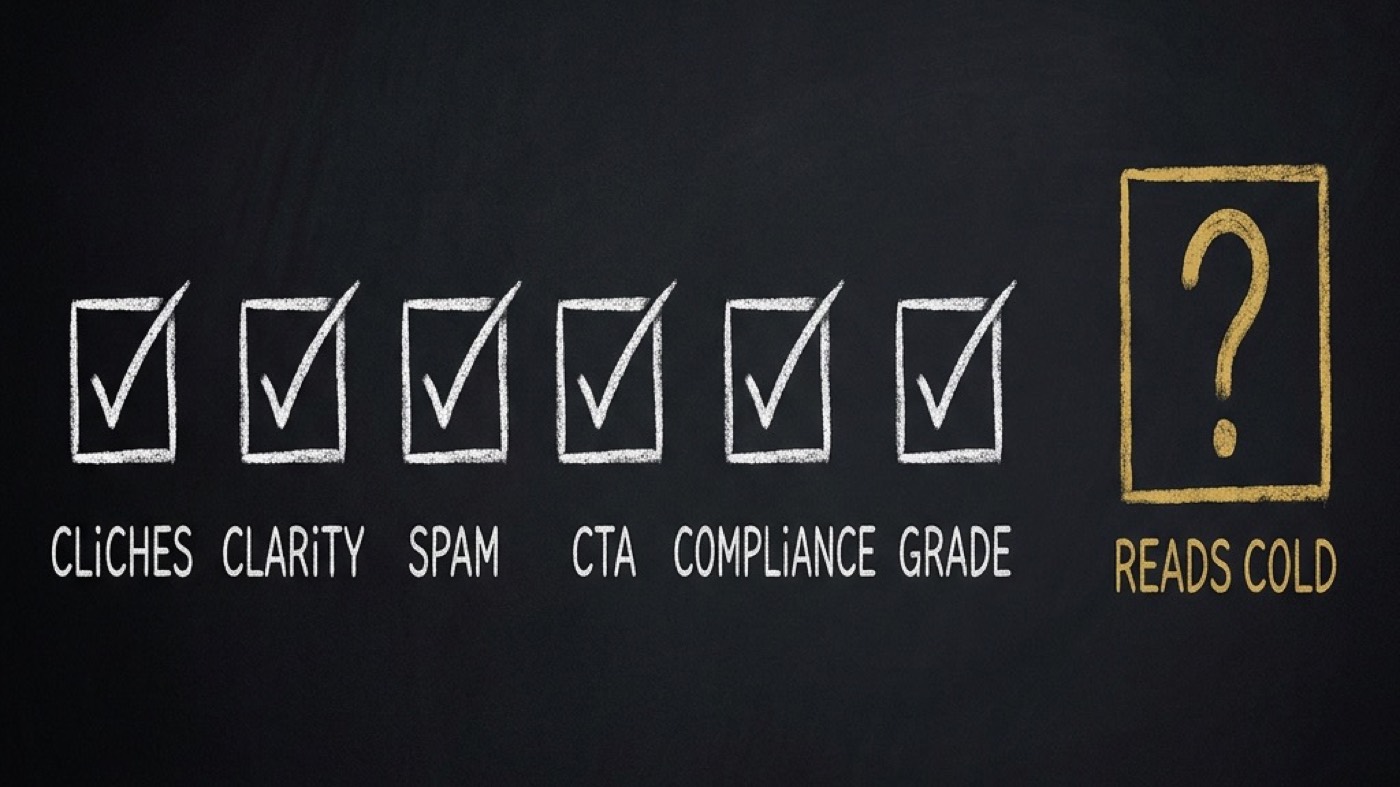 A chalkboard row of six ticked boxes labelled CLICHES, CLARITY, SPAM, CTA, COMPLIANCE and GRADE, next to a gold box holding a question mark, labelled READS COLD