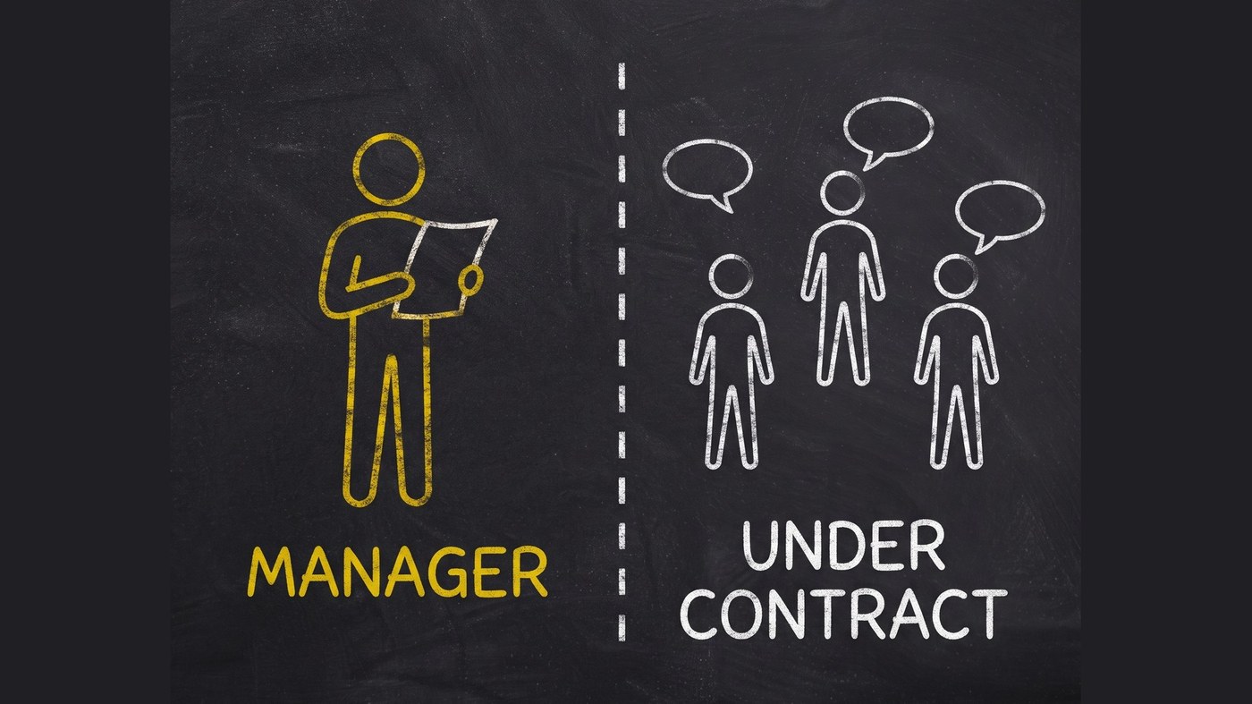 Chalkboard sketch: one gold chalk figure holding a sheet of paper labelled MANAGER on the left, a dashed vertical line down the middle, and three white chalk figures with speech bubbles on the right labelled UNDER CONTRACT.