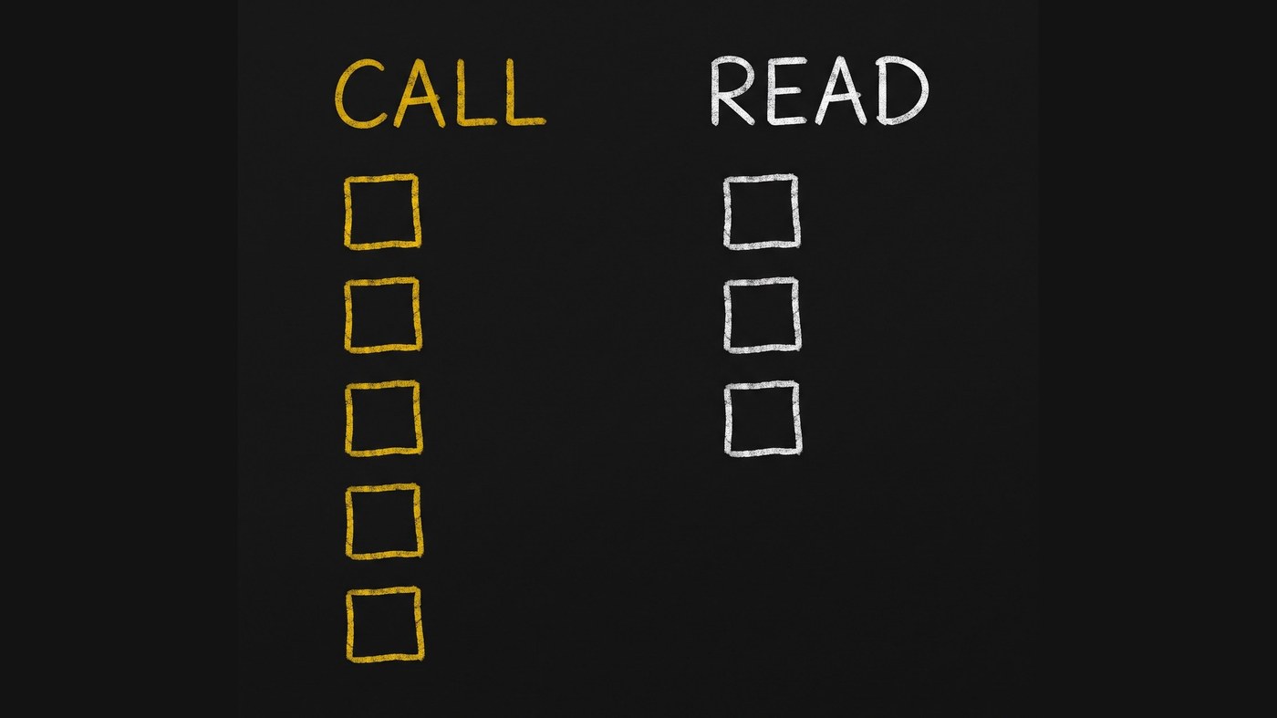 Chalkboard diagram: a left column of exactly five gold chalk squares under the word CALL, and a right column of exactly three white chalk squares under the word READ.