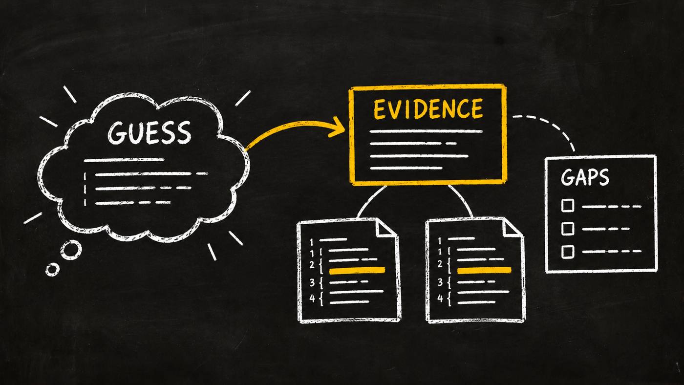 A floating guess is replaced by an answer linked to source documents, with a separate gaps record.