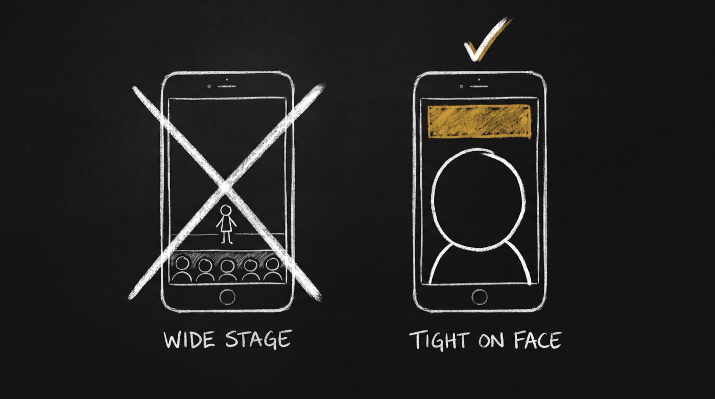 Two chalk phone outlines: WIDE STAGE, a tiny stick figure behind a row of audience heads, crossed out; TIGHT ON FACE, a close-up head under a gold title box, with a gold tick