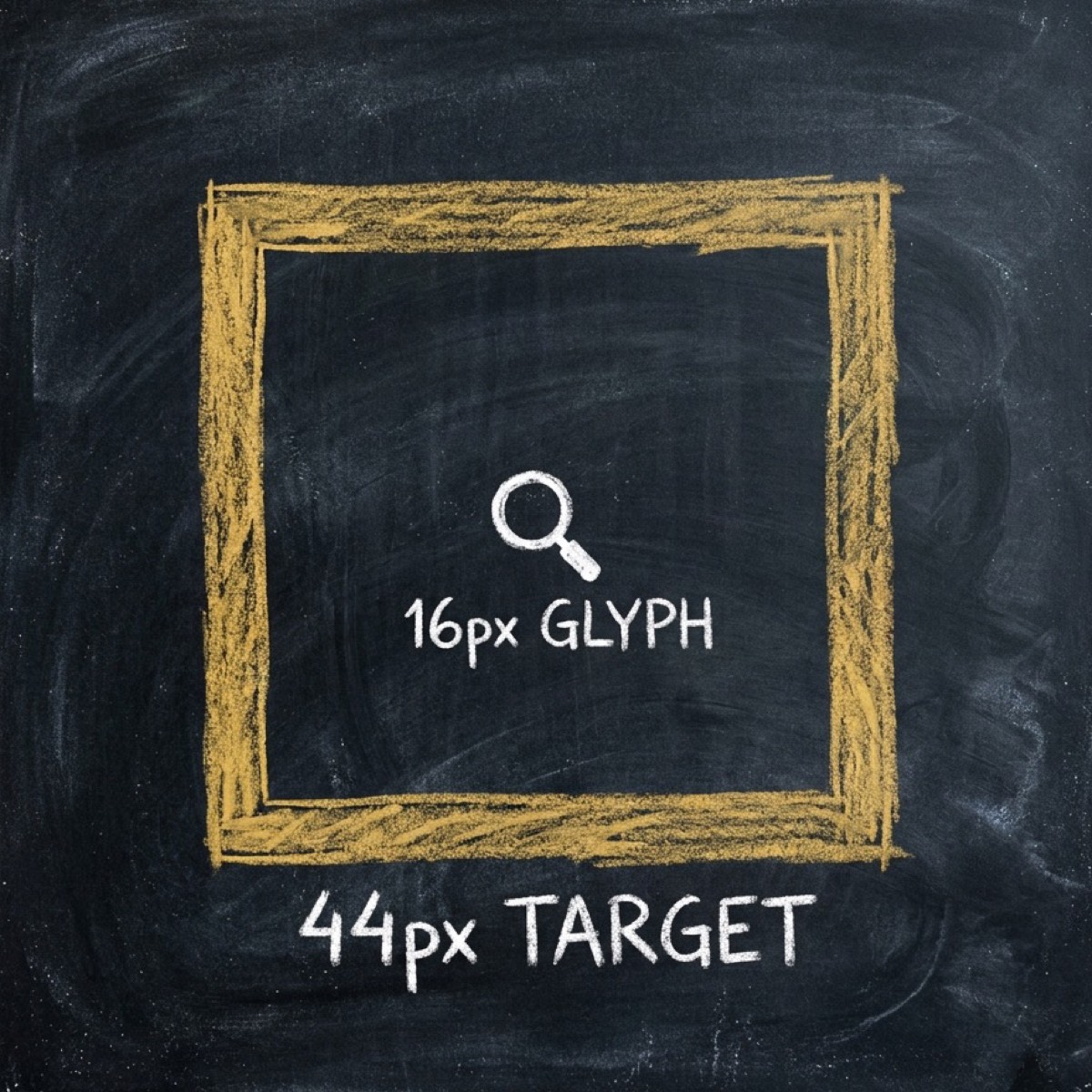 A small white chalk magnifier labelled 16px GLYPH inside a much larger gold chalk square labelled 44px TARGET