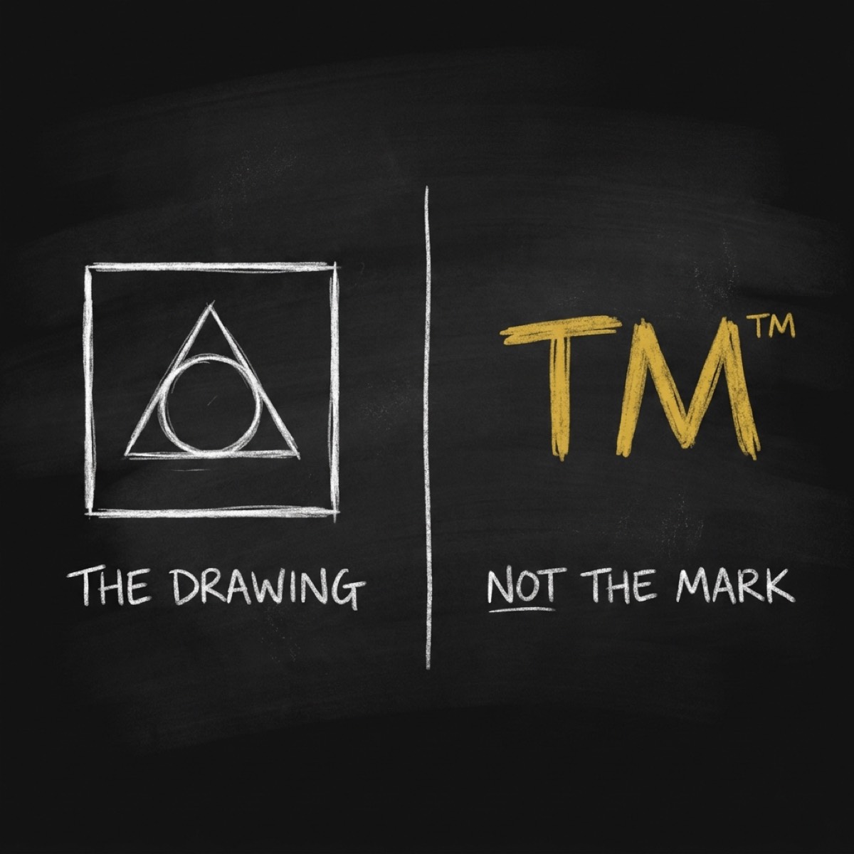 A white chalk logo tile labelled THE DRAWING beside a gold TM symbol labelled NOT THE MARK