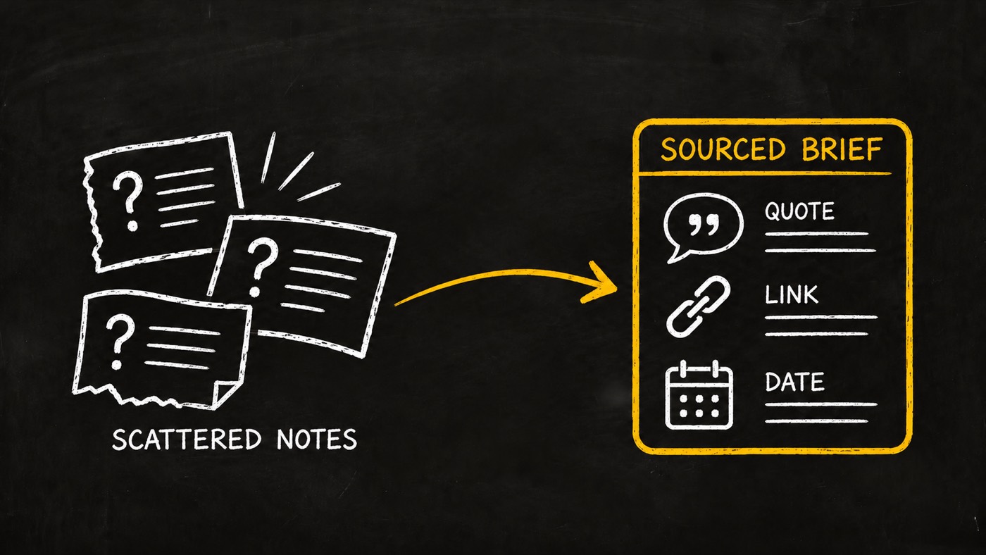 Scattered notes become a sourced brief retaining quote, link and date.
