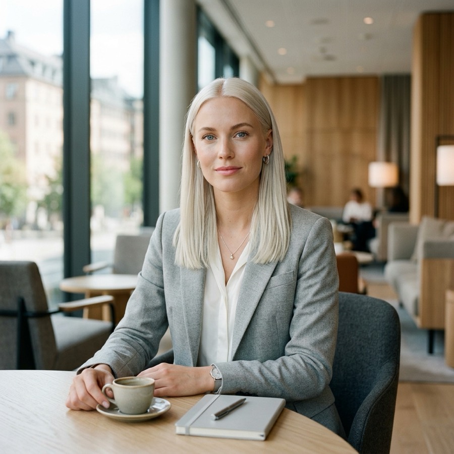Arm A, her shipped 85-word prompt: the same polished stock-corporate register as the control.