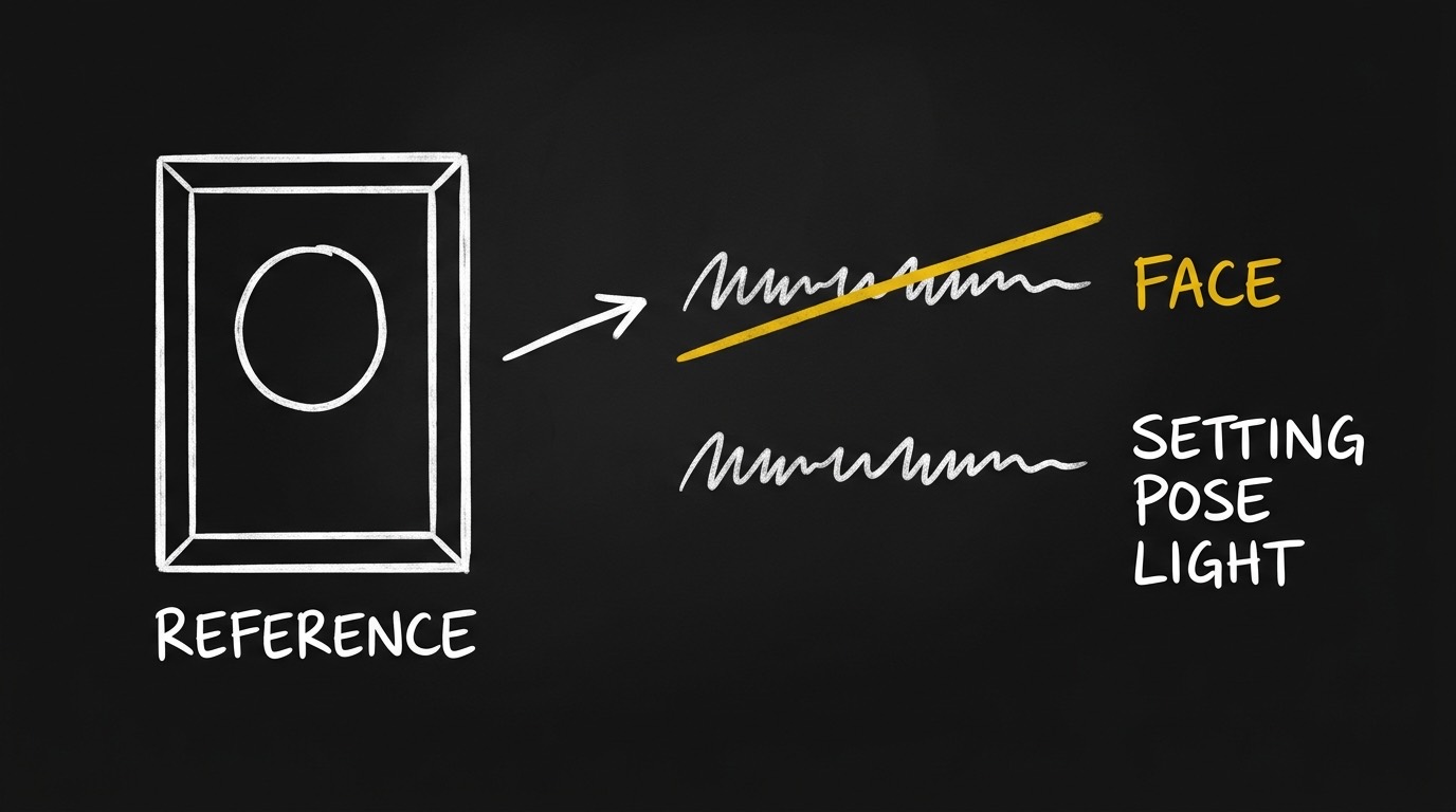A chalkboard diagram: a framed REFERENCE portrait on the left, an arrow to two lines of prompt text on the right. The FACE line is struck through in gold; the SETTING POSE LIGHT line is left intact.