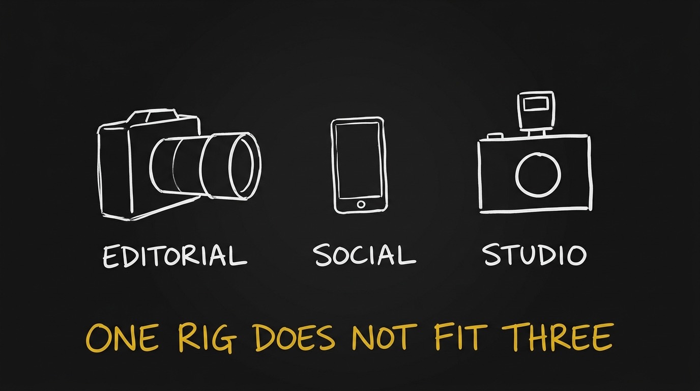 Three hand-drawn cameras on a chalkboard labelled EDITORIAL, SOCIAL and STUDIO, under the line ONE RIG DOES NOT FIT THREE.
