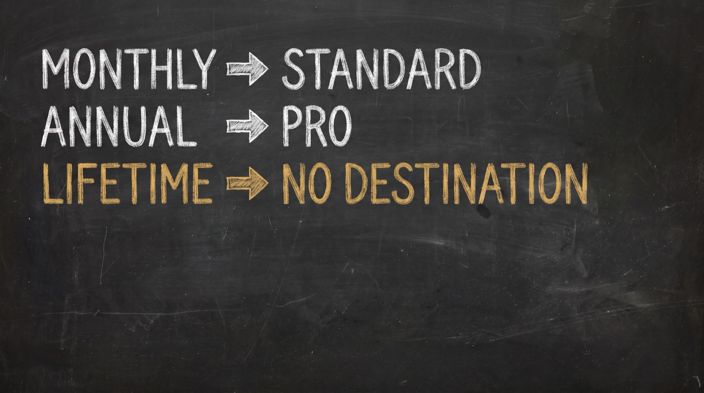 A chalkboard mapping of customer cohorts to their next plan: monthly to standard and annual to pro in white chalk, and lifetime to NO DESTINATION written entirely in gold