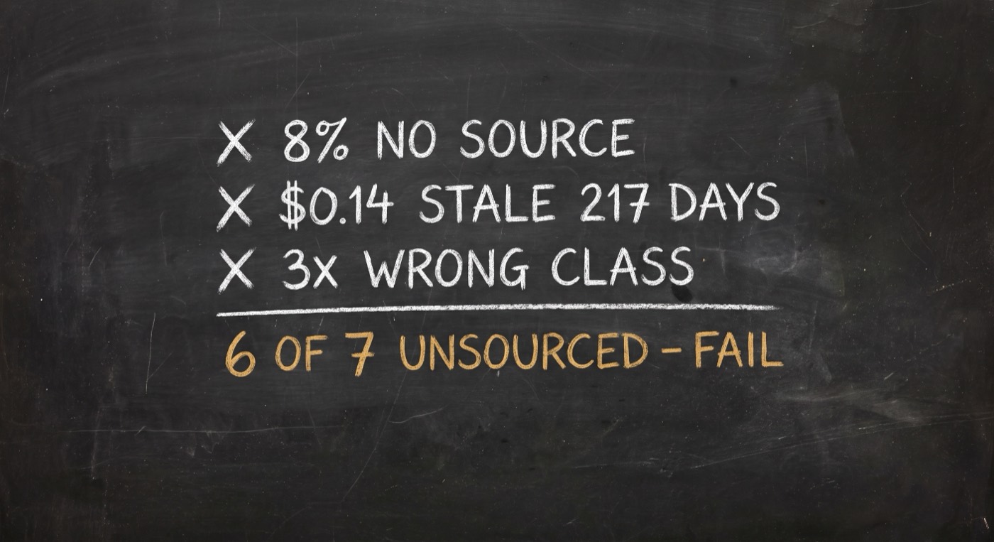 A chalkboard checklist with three crossed-out claims reading 8 percent no source, $0.14 stale 217 days, and 3x wrong class, above a gold summary line reading 6 of 7 unsourced, FAIL