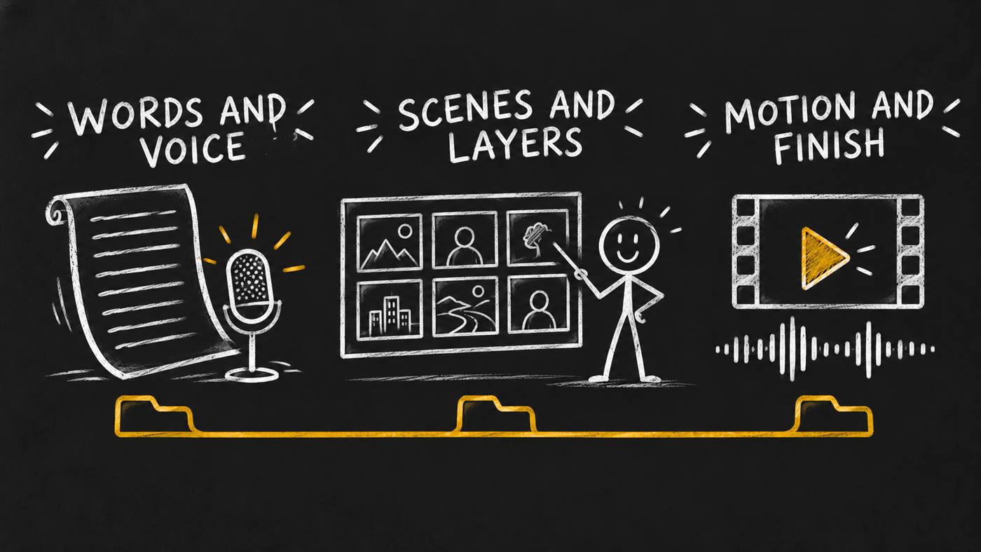 Words and voice, scenes and layers, motion and finish share one production folder.