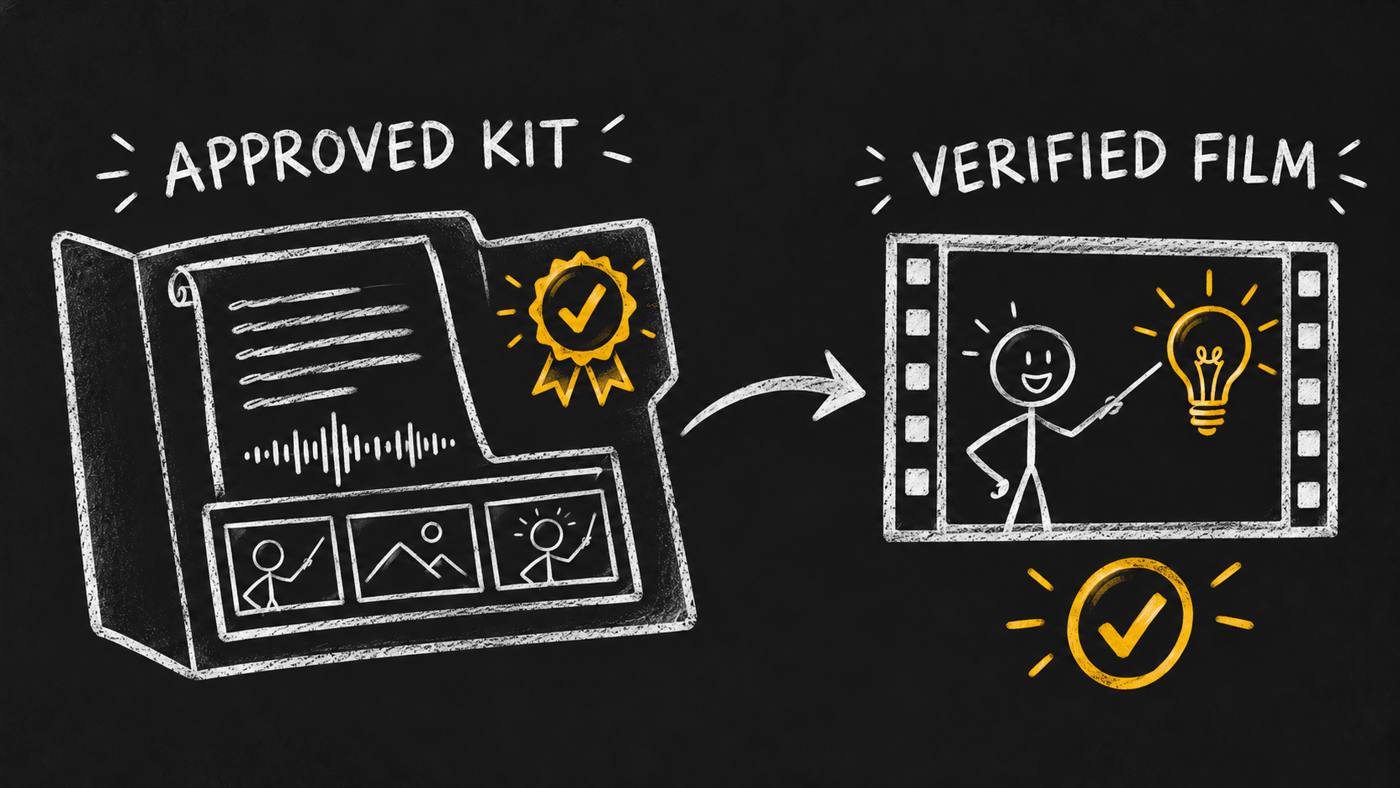 Approved kit leads to a verified chalkboard film. Concept illustration.