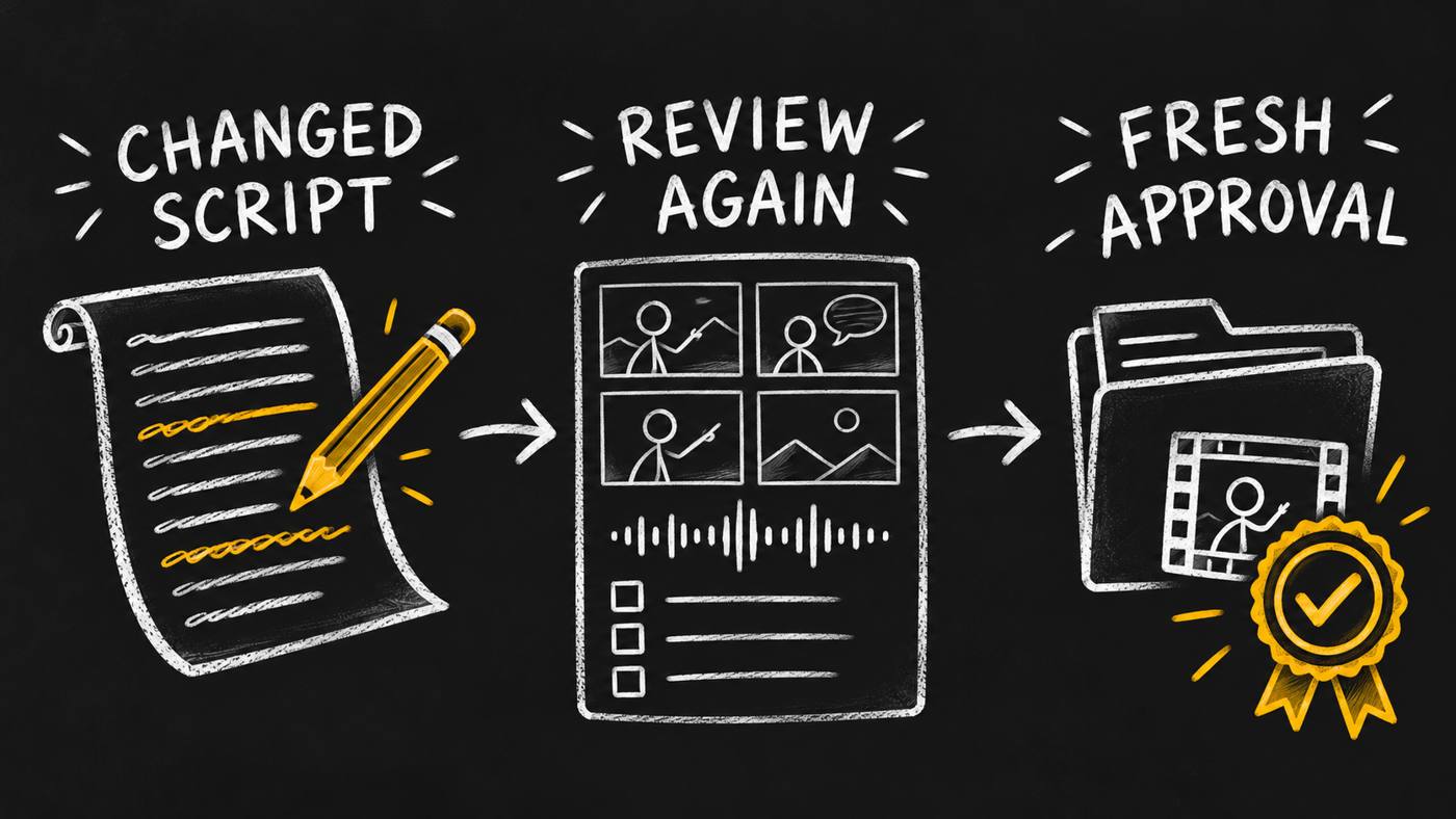 A changed script requires renewed review and fresh approval.