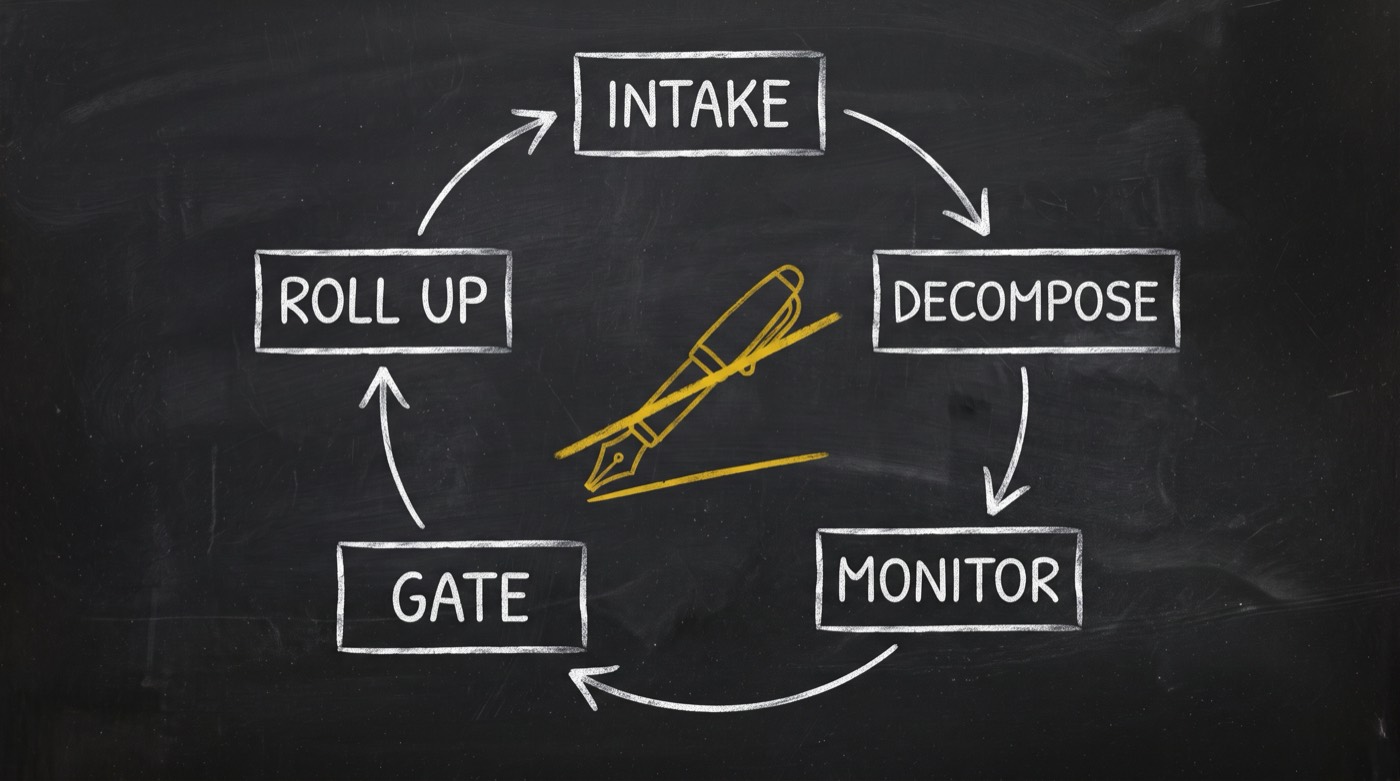 Chalkboard diagram: the five-step director loop — intake, decompose, monitor, gate, roll up — with a struck-through gold pen in the centre