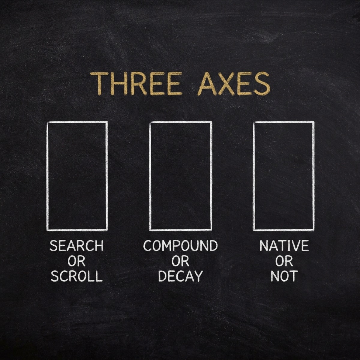 A chalkboard with three tall rectangles in a row under a gold heading THREE AXES, labelled SEARCH OR SCROLL, COMPOUND OR DECAY, and NATIVE OR NOT