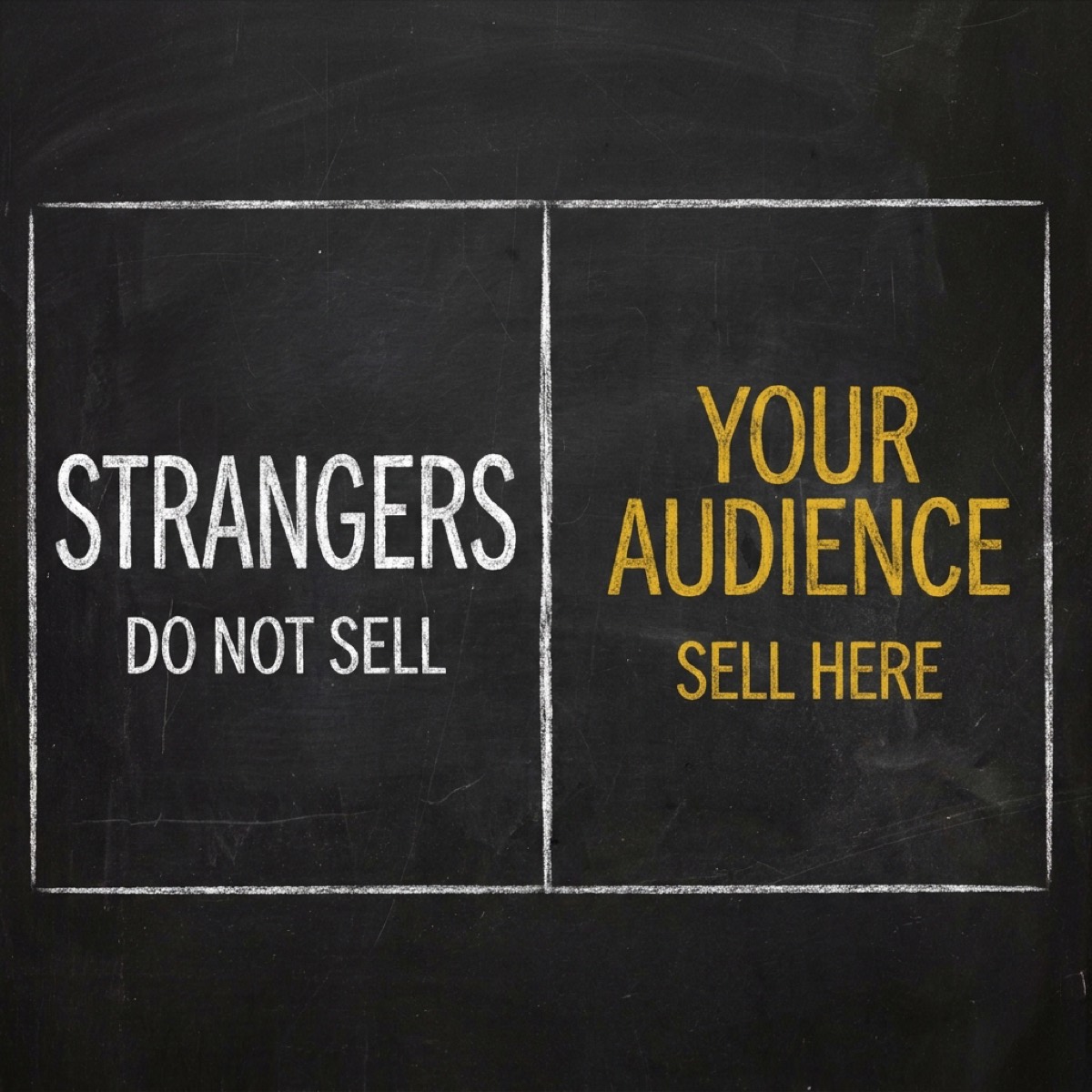 A chalkboard split into two panels: the left labelled STRANGERS and DO NOT SELL in white, the right labelled YOUR AUDIENCE and SELL HERE in gold