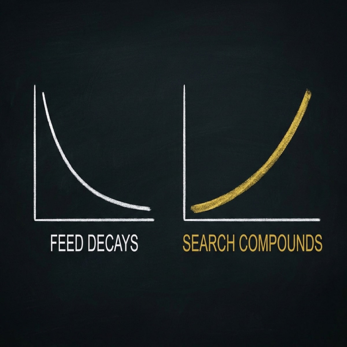 Two chalkboard line graphs: the left curve falls steeply, labelled FEED DECAYS; the right gold curve rises steadily, labelled SEARCH COMPOUNDS