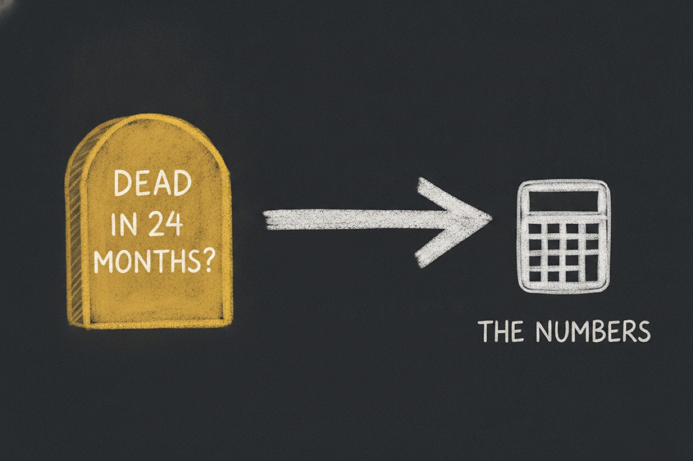 Chalk sketch: a large gold tombstone lettered DEAD IN 24 MONTHS? with an arrow pointing right to a small white calculator labelled THE NUMBERS