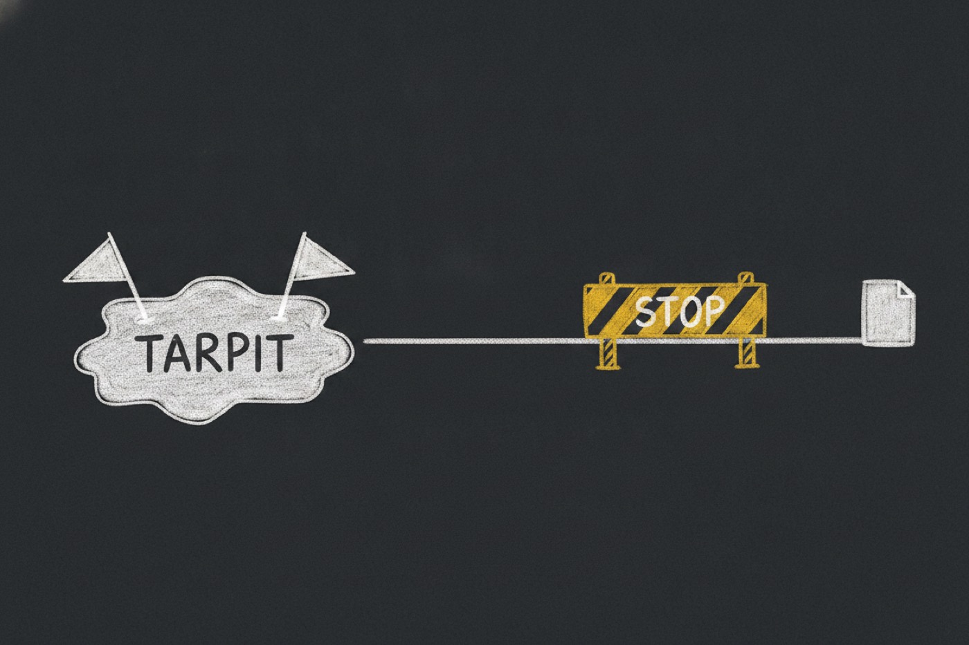 Chalk sketch: a tar pit with warning flags on the left, a gold STOP barrier across the path, and a small document on the right