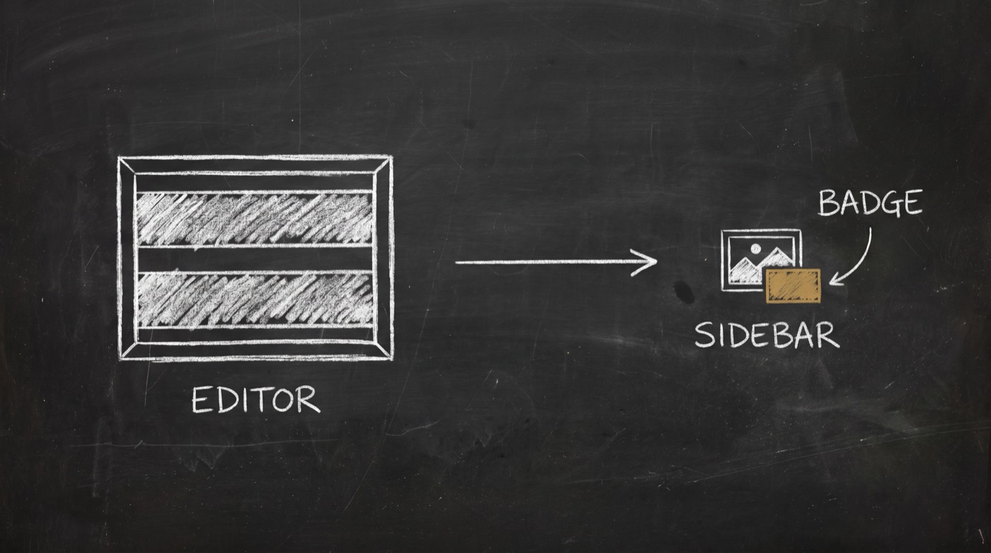 A dark chalkboard. A large picture frame marked EDITOR, an arrow, and a tiny frame marked SIDEBAR with a gold box over its bottom-right corner marked BADGE.