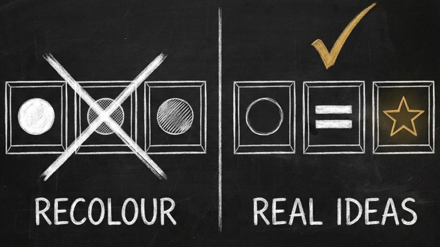 A dark chalkboard. Three frames holding the same circle in three shades, crossed out, labelled RECOLOUR, next to three different frames labelled REAL IDEAS.