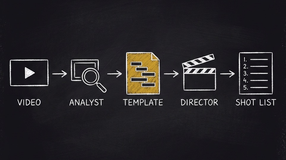 A chalk diagram. VIDEO, ANALYST, TEMPLATE in gold, DIRECTOR and SHOT LIST in one row, joined by arrows.