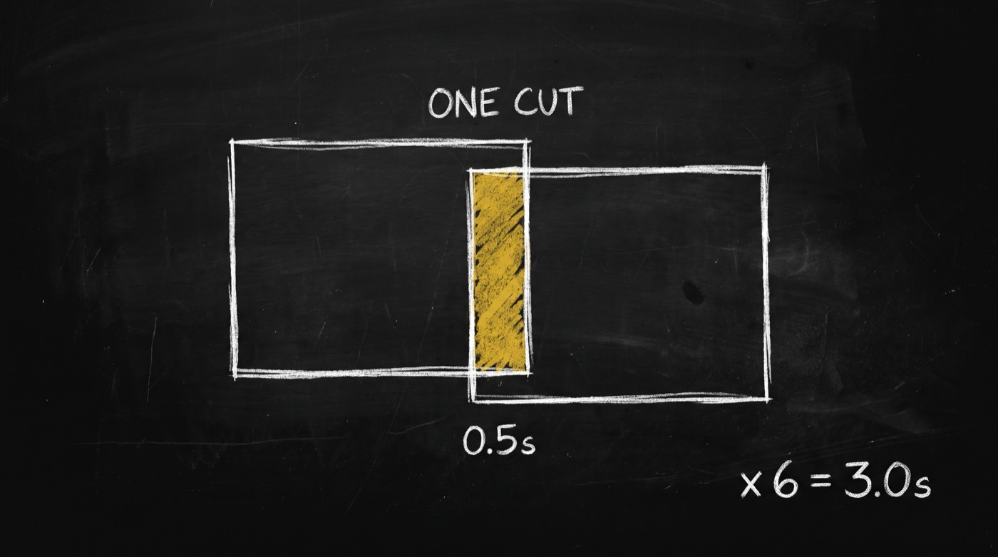 Two chalk rectangles overlapping, the shared sliver filled gold and labelled ONE CUT at 0.5 seconds, with x 6 = 3.0s written below