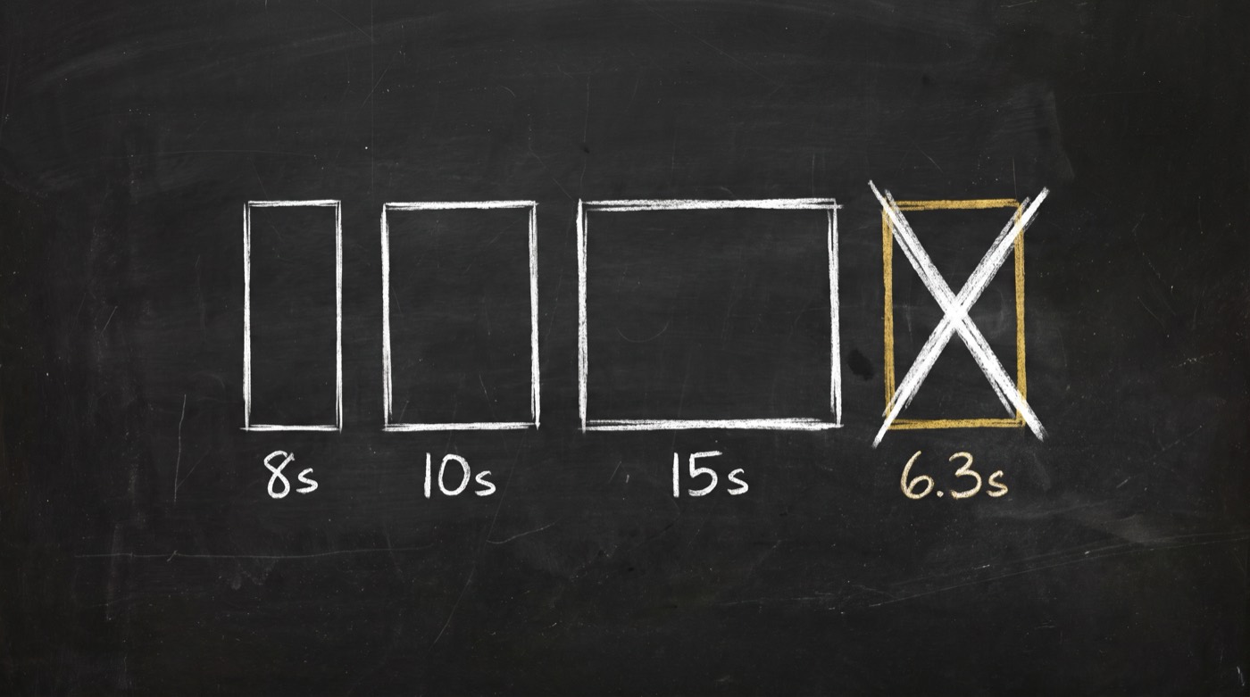 Four chalk blocks of increasing width labelled 8s, 10s and 15s, with a fourth gold-outlined block labelled 6.3s crossed out