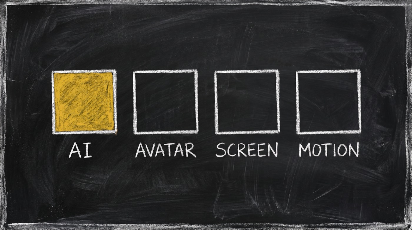 Four chalk squares in a row labelled AI, AVATAR, SCREEN and MOTION, with the AI square filled solid gold